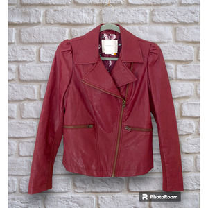 Anthropologie Puff Sleeve Burgundy Faux Leather Moto Style Jacket XS